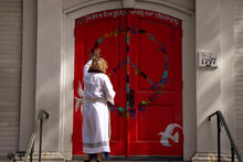 Trinity Church, Seymour church door with peace symbol